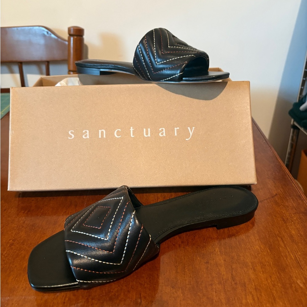 Sanctuary sandals, size 9. NEVER WORN! Black with white and brown.